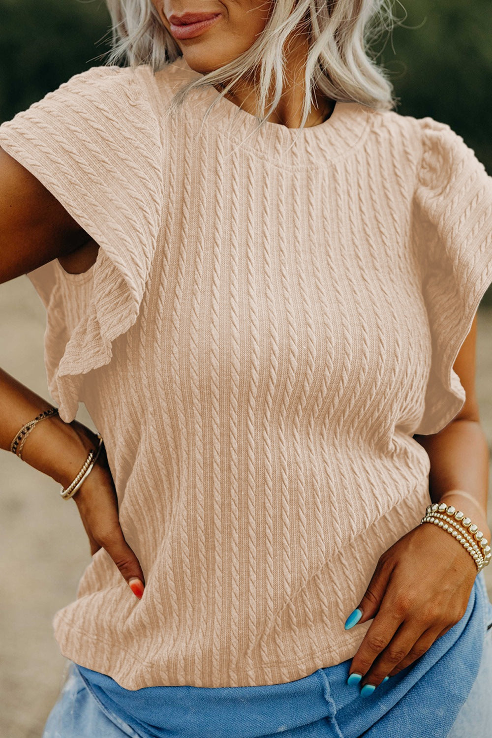 Texture Round Neck Cap Sleeve Top