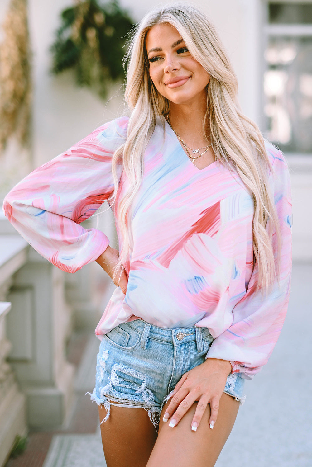 Printed V-Neck Puff Sleeve Blouse