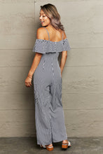 Load image into Gallery viewer, Striped Spaghetti Strap Cold-Shoulder Jumpsuit
